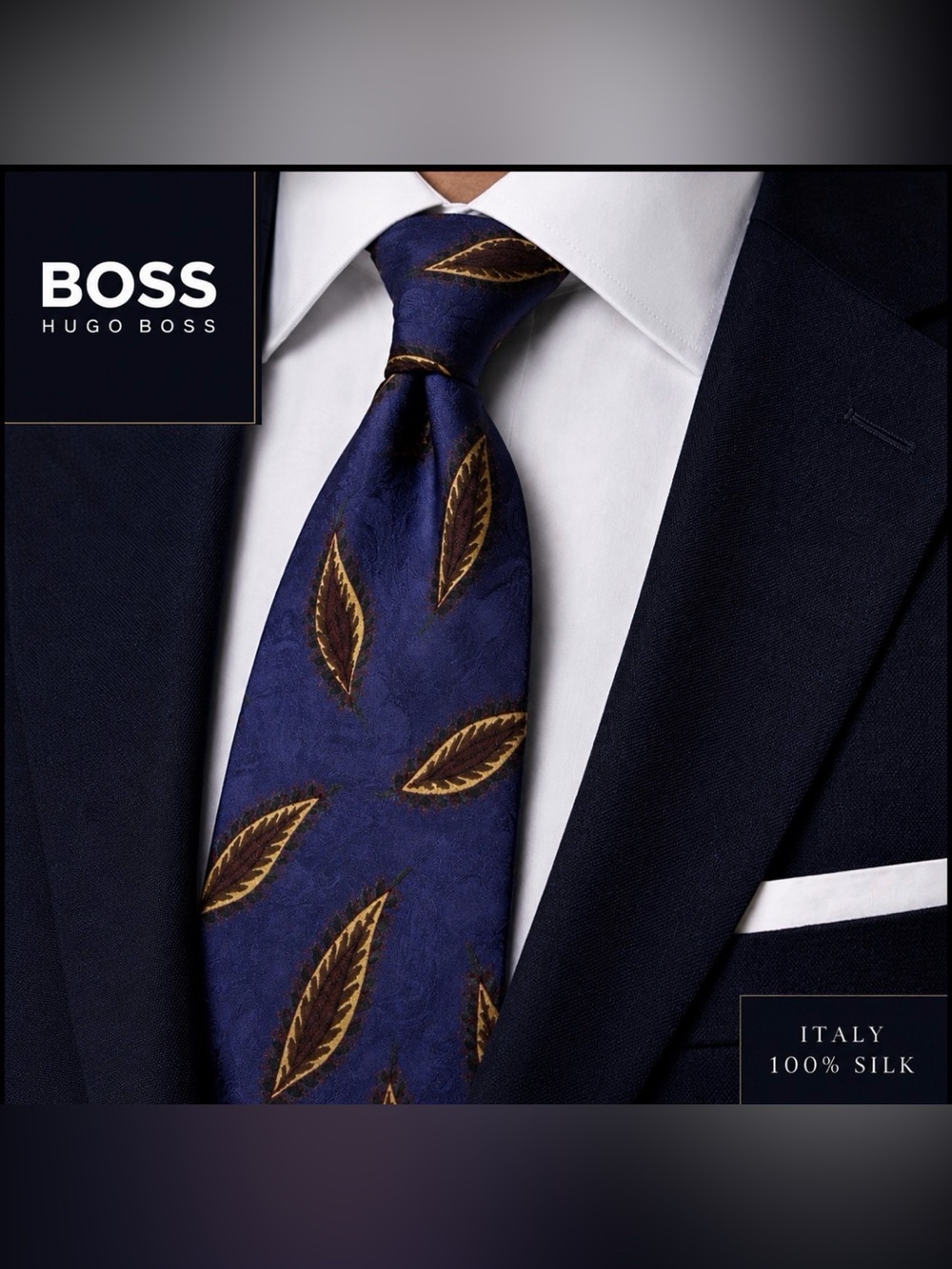 Hugo Boss Silk Tie Blue Purple Leaf Pattern Wide Classic Italy Designer Luxury